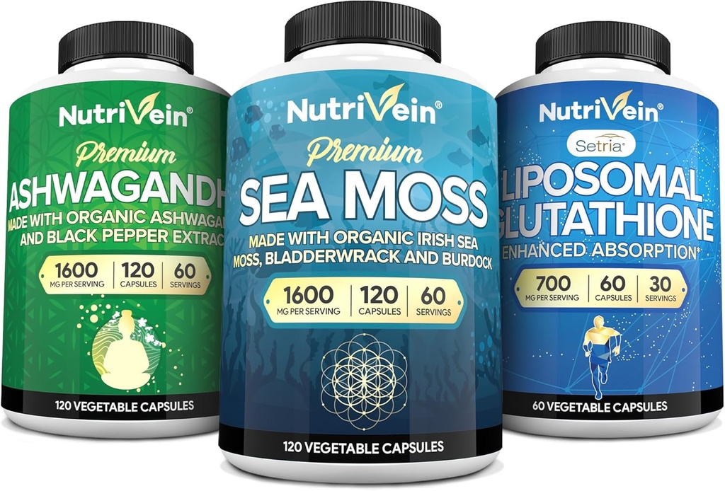 Nutrivein Premium Irish Sea Moss Kapsler, Ashwagandha, og Liposomal Glutathione Supplement Bundle: Sea Moss, Reduceret Glutathione, & Ashwagandha Kosttilskud til Immunitet, Mood, fordøjelse, & Detox