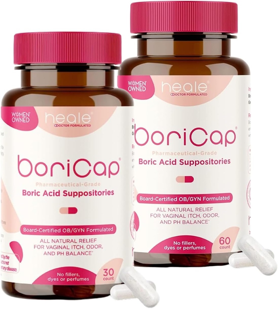 BoriCap - Borsyre suppositorier for kvinder - 600 mg - Vaginal Health & Balance, Itch & Odor - Natural Relief - Feminin Care - Feminine Hygiene Products - Made in USA by Heale - 90 Capsules