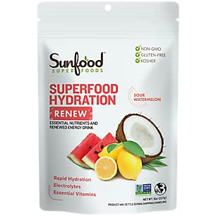 Sunfood Superfood Hydration Fornyelse - kokos vand pulver, elektrolyter pulver med Lemon, Sea Salt & Minerals, Clean Organic Electrolyte Drink Mix - 8 oz Bag