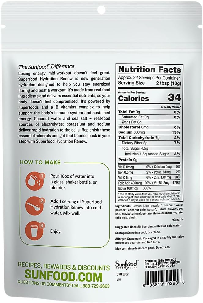 Sunfood Superfood Hydration Fornyelse - kokos vand pulver, elektrolyter pulver med Lemon, Sea Salt & Minerals, Clean Organic Electrolyte Drink Mix - 8 oz Bag