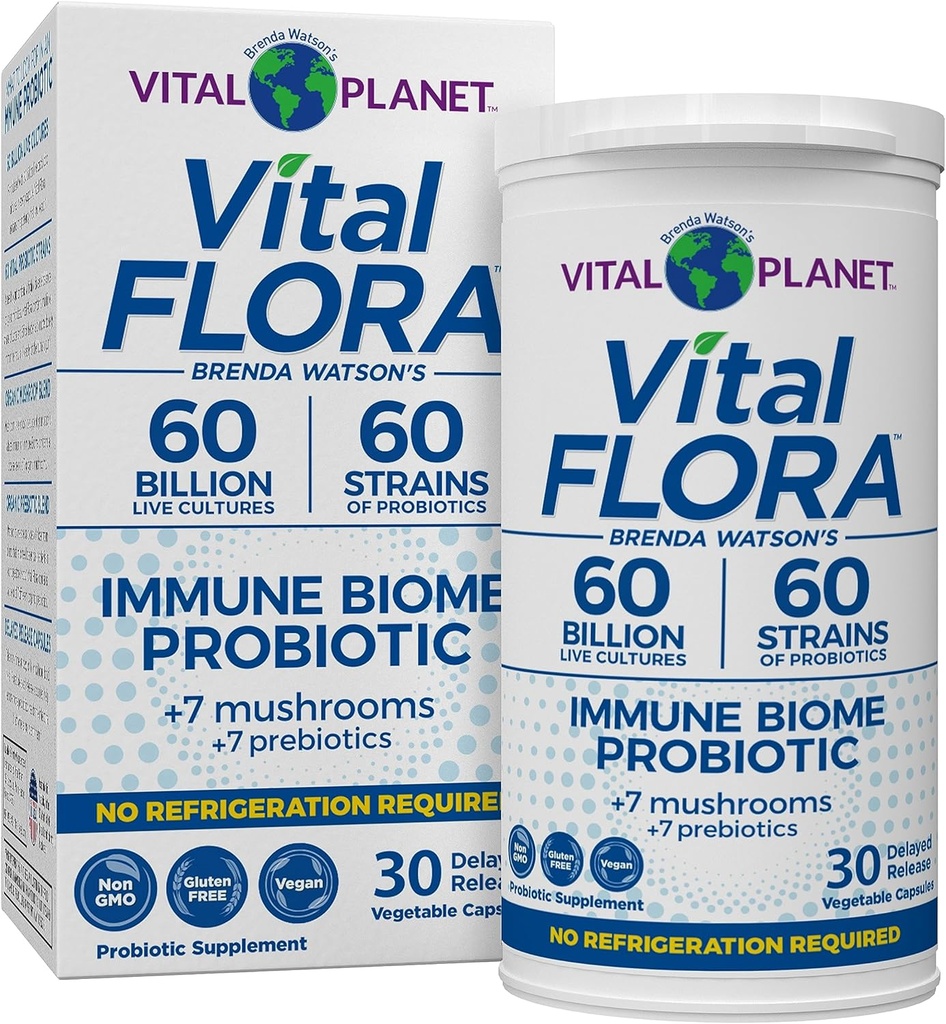 Vital Planet - Vital Flora Immun Support Probiotic, 60 Millioner CFU, 60 Diverse Strops, 7 Organic Mushroom Supplement Blend med Prebiotika, Hylde Stabil fordøjelig sundhed Probiotika 30 Kapsler