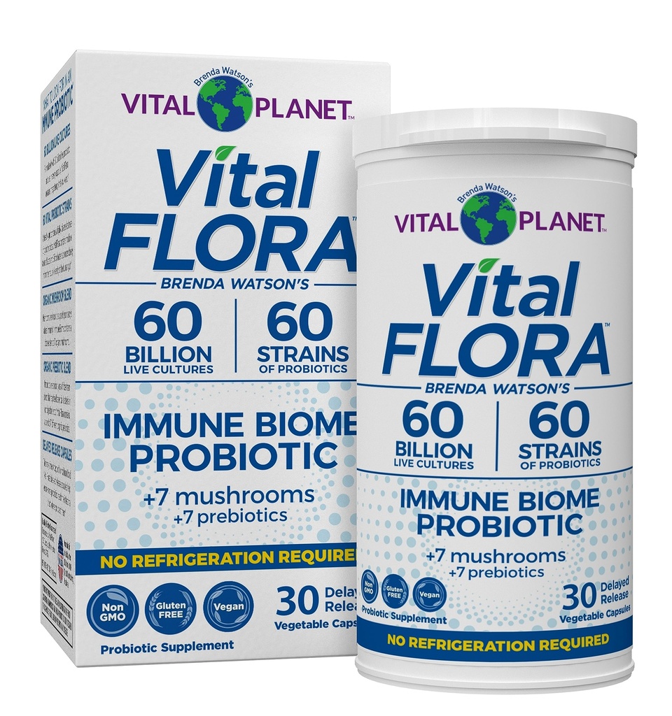 Vital Planet - Vital Flora Immun Support Probiotic, 60 Millioner CFU, 60 Diverse Strops, 7 Organic Mushroom Supplement Blend med Prebiotika, Hylde Stabil fordøjelig sundhed Probiotika 30 Kapsler