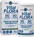 Vital Planet - Vital Flora Immun Support Probiotic, 60 Millioner CFU, 60 Diverse Strops, 7 Organic Mushroom Supplement Blend med Prebiotika, Hylde Stabil fordøjelig sundhed Probiotika 30 Kapsler