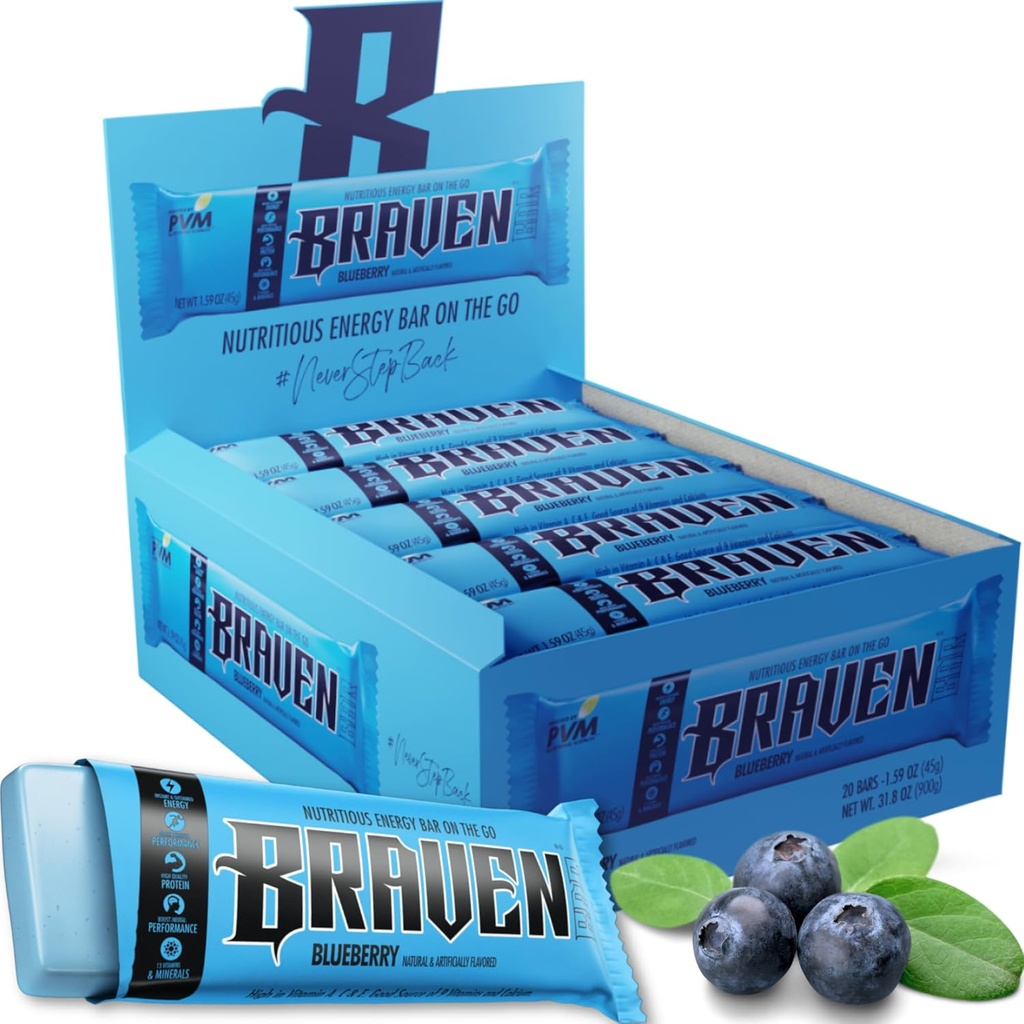 Braven Bar Blueberry Energy Bars (1.59 oz, pakke af 20) - Energitykkere med 5g Protein - On- the- Go Energy Snacks til løb, vandreture og sport - Gluten Free Snacks til Vedvarende Energi Boost