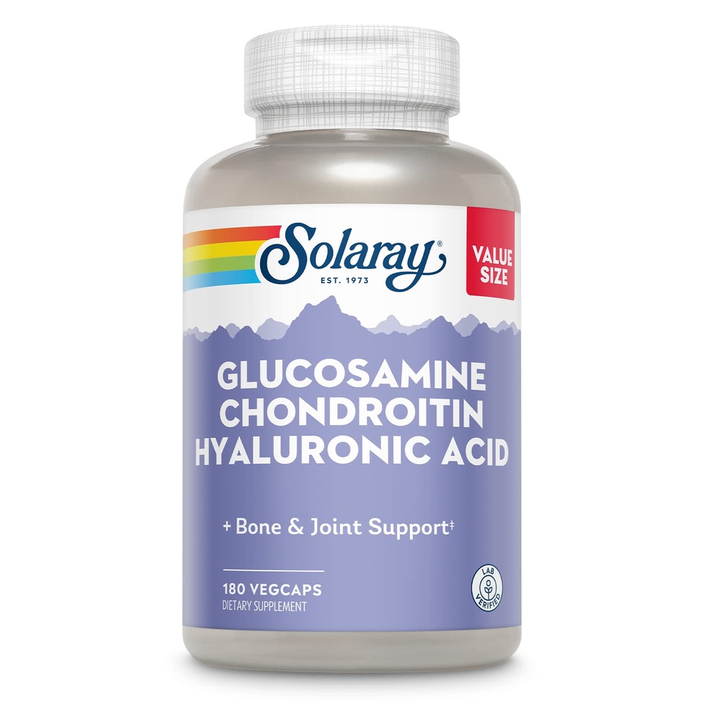 SOLARAY Glucosamine Chondroitin Hyaluronsyre, Sund Bone og fælles støtte supplement Plus C-vitamin for forbedret absorption, Lab Verified, 60-dages garanti, 60 Servere, 180 VegCaps