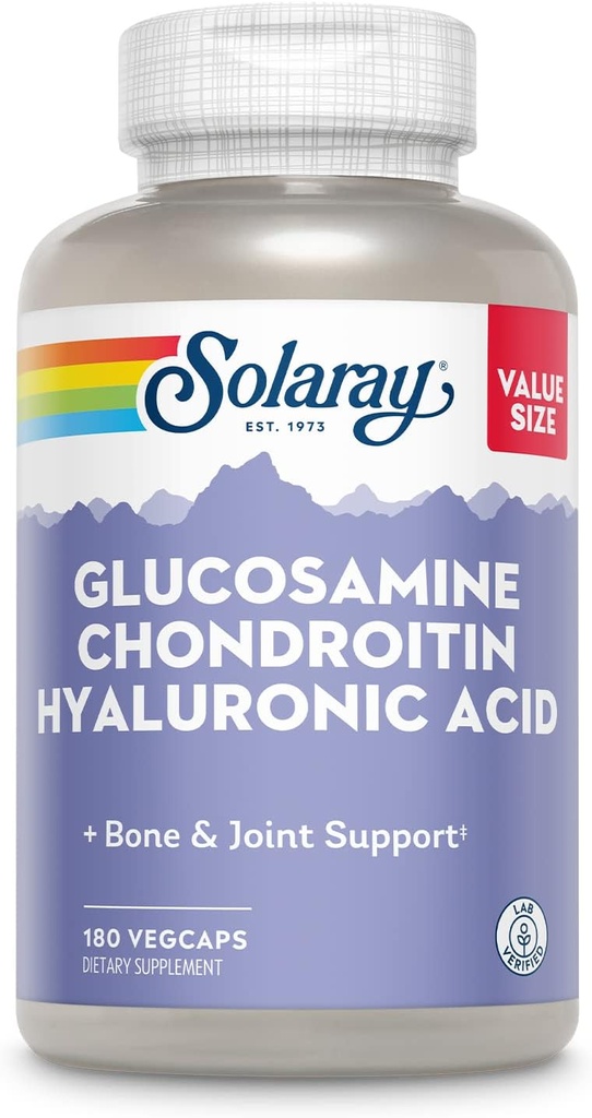 SOLARAY Glucosamine Chondroitin Hyaluronsyre, Sund Bone og fælles støtte supplement Plus C-vitamin for forbedret absorption, Lab Verified, 60-dages garanti, 60 Servere, 180 VegCaps