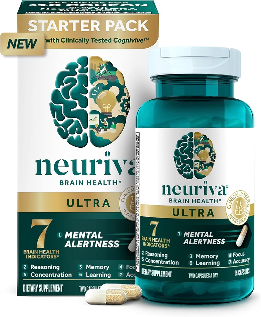 NEURIVA Ultra Deccafeated Clinically Tested Nootrop Brain Supplement for Mental Alerness, Memory, Focus & Concentration, Cognivive, Neurofaktor, Phosphatidylserin, Vitaminer B6 B12,14ct kapsler