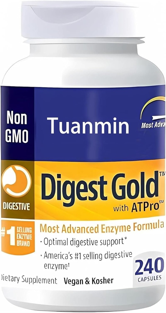 Digest Gold + ATPro Enzyme Supplement - Maksimal styrke Formel for fordøjelse - Understøtter fordampning af store måltider, Hjælper med at reducere Bloating & Gas, 240 kapsler