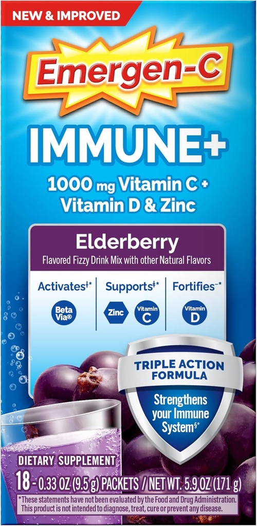 Emergen- C immun + Triple Action immunsupportpulver, BetaVia (R), 1000mg vitamin C, B Vitamin, D-vitamin og antioxidanter, Elderberry, Tilbage til skolen Essentials - 18 Greve