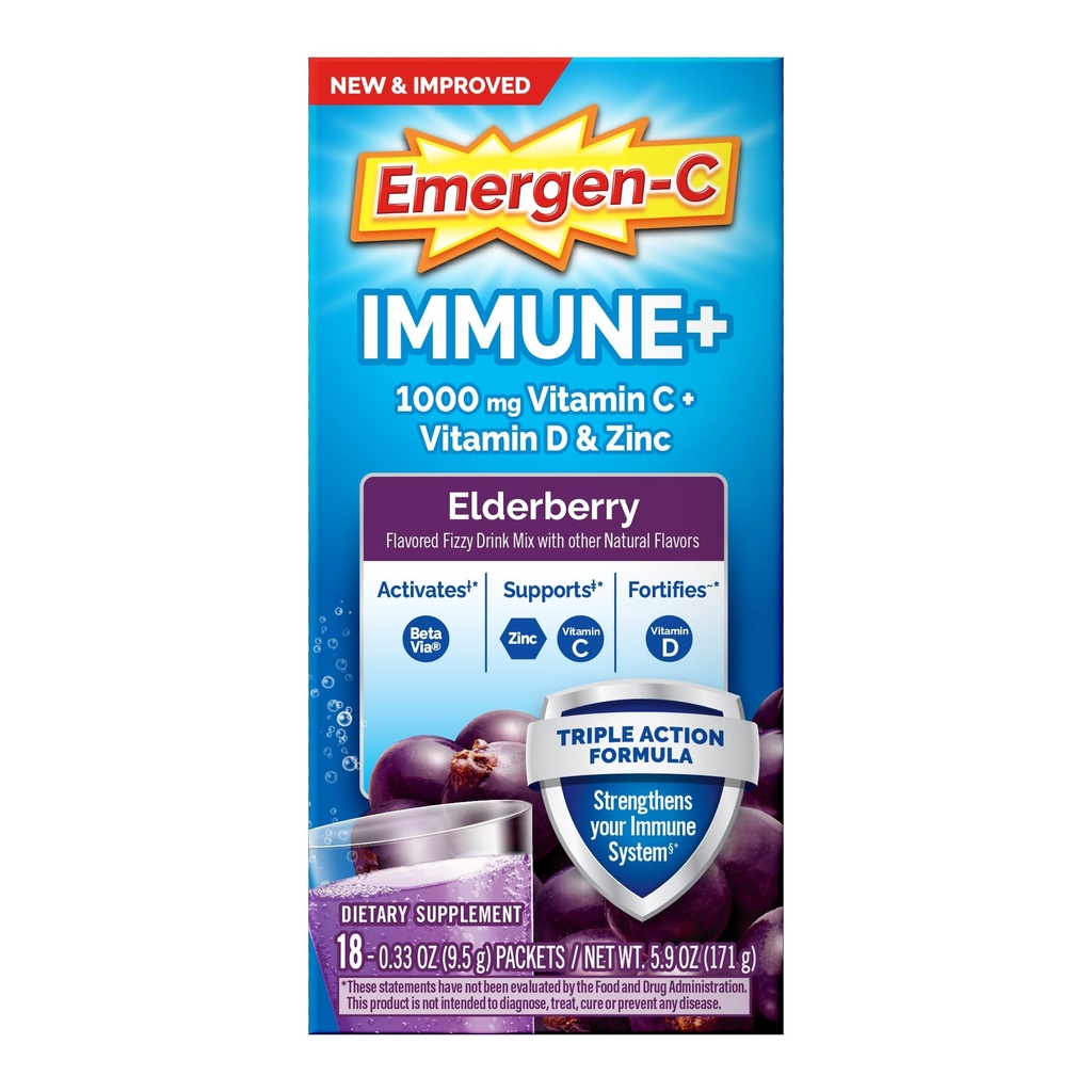 Emergen- C immun + Triple Action immunsupportpulver, BetaVia (R), 1000mg vitamin C, B Vitamin, D-vitamin og antioxidanter, Elderberry, Tilbage til skolen Essentials - 18 Greve