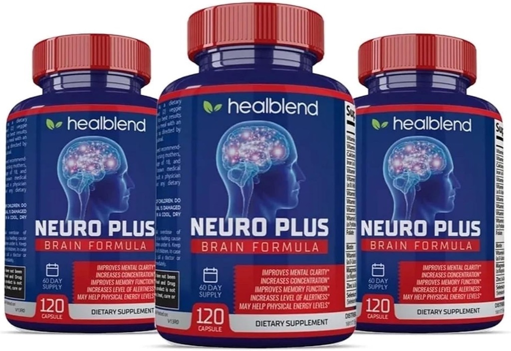 Neuro Plus Brain & Focus Formel - Brain Booster Supplement, Understøtter Mental Klarhed & Fokus - Forbedrer koncentrationen & Mental Energy - 120 kapsler (3 Pack)