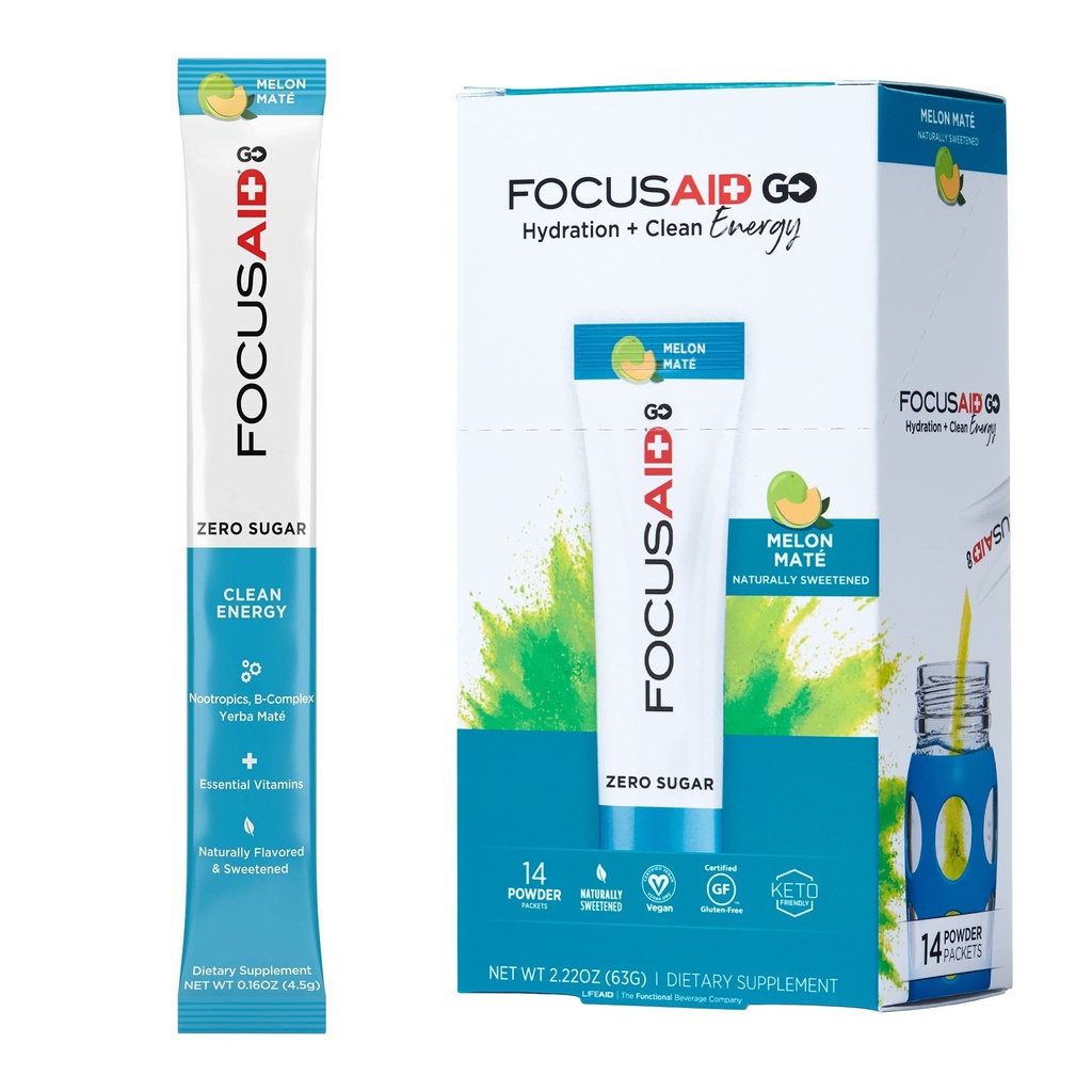 FOCUSAID GO Nootropics Energy Blend, Zero Sugar, Alpha- GPC, GABA, B- Complex, Yerba Mate, Green Tea, Keto Friendly, 100mg Natural Coffein (Pack of 14)