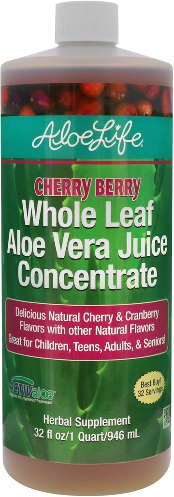 Aloe Life - Whole Leaf Aloe Vera Juice, Certified Organic, Gluten- Free (Cherry Berry, 32 oz)