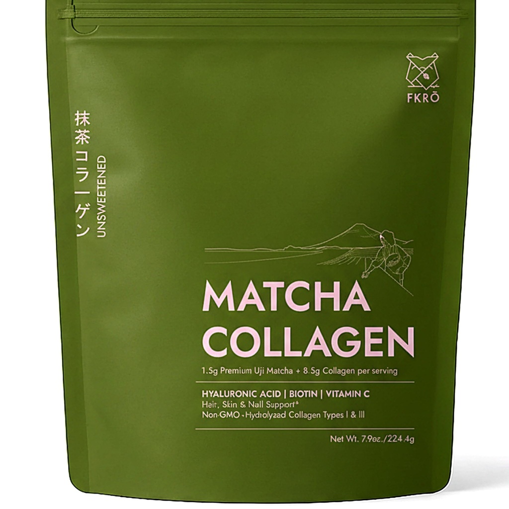 FKRO Matcha Collagen Peptides Powder with Biotin, Hyaluronic Acid & Vitamin C | Type I & III Hydrolyzed Collagen for Hair, Skin & Nails | Unsweetened Japanese Matcha Latte | 22 Servings, 7.9oz
