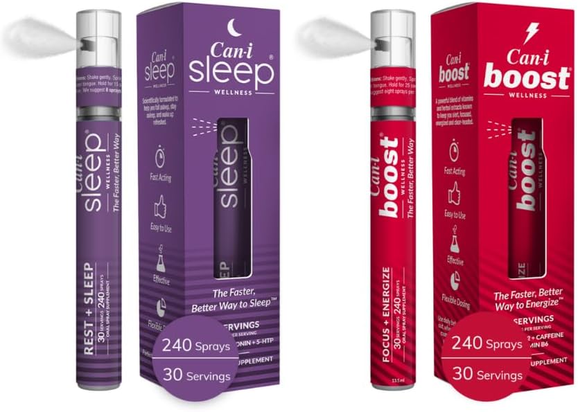 Can- i Wellness Fast- Actioning Oral Spray Bundle - Natural Sleep Supplement med Melatonin og GABA, Daglig energistøtte med B12, Ubiquinol og koffein - Vegansk Formel, Portable, Travel- Friendly Spray