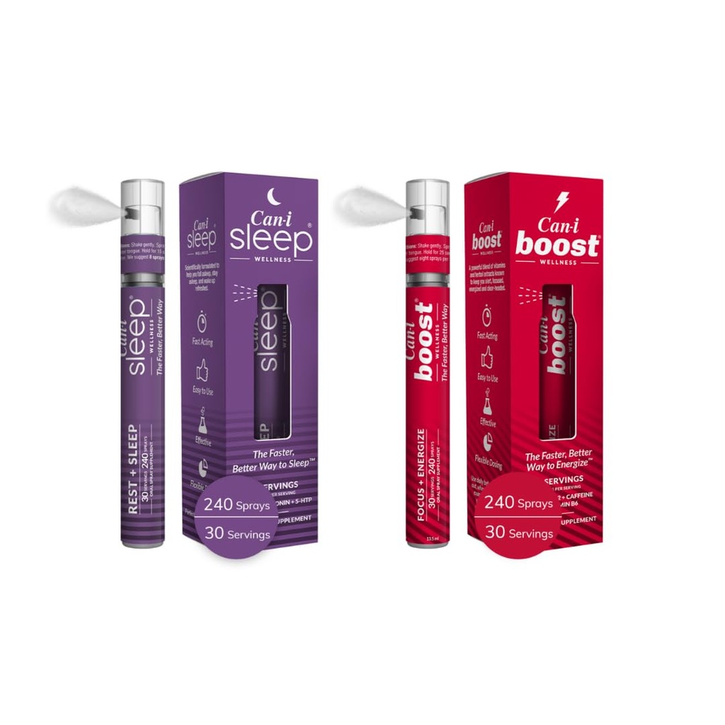 Can- i Wellness Fast- Actioning Oral Spray Bundle - Natural Sleep Supplement med Melatonin og GABA, Daglig energistøtte med B12, Ubiquinol og koffein - Vegansk Formel, Portable, Travel- Friendly Spray
