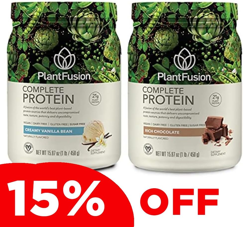 PlantFusion Complete Plant Based Pea Protein Powder Bundle, Non- GMO, Vegan, Dairy Free, Gluten Free, Soy Free, Allergy Free w / fordøjelsesenzymer, Kosttilskud, Vanilla Bean og Chokolade 1 Pound