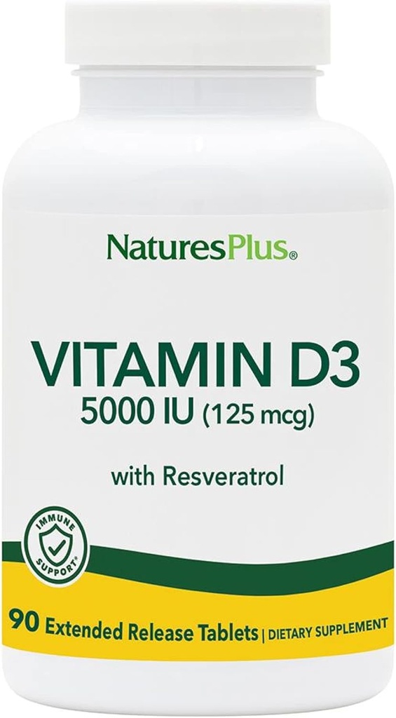 Natures Plus Vitamin D3, Extended Release - 90 Vegan Tablets - 5000 IE + 25 mg Trans- Resveratrol - Heart & Bone Health, Immunsystemet Support, Anti- Aging - Gluten Free - 90 Servere