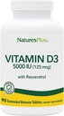Natures Plus Vitamin D3, Extended Release - 90 Vegan Tablets - 5000 IE + 25 mg Trans- Resveratrol - Heart & Bone Health, Immunsystemet Support, Anti- Aging - Gluten Free - 90 Servere