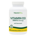 Natures Plus Vitamin D3, Extended Release - 90 Vegan Tablets - 5000 IE + 25 mg Trans- Resveratrol - Heart & Bone Health, Immunsystemet Support, Anti- Aging - Gluten Free - 90 Servere