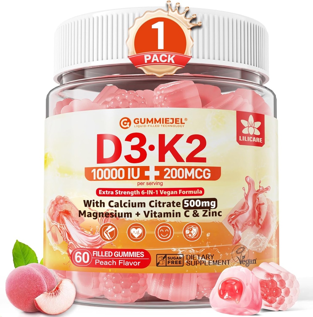 Vitamin D3 K2 Gummies 5000IE / 10. 000 IE med 500mg Calcium + K2 (MK- 7) 200mcg, Magnesium, Vitamin C & Zink, Ekstra Styrke - Ultimate Absorbency for Bones, Muscles, Tænder, Vegan, 60 Greve (pakning med 1)