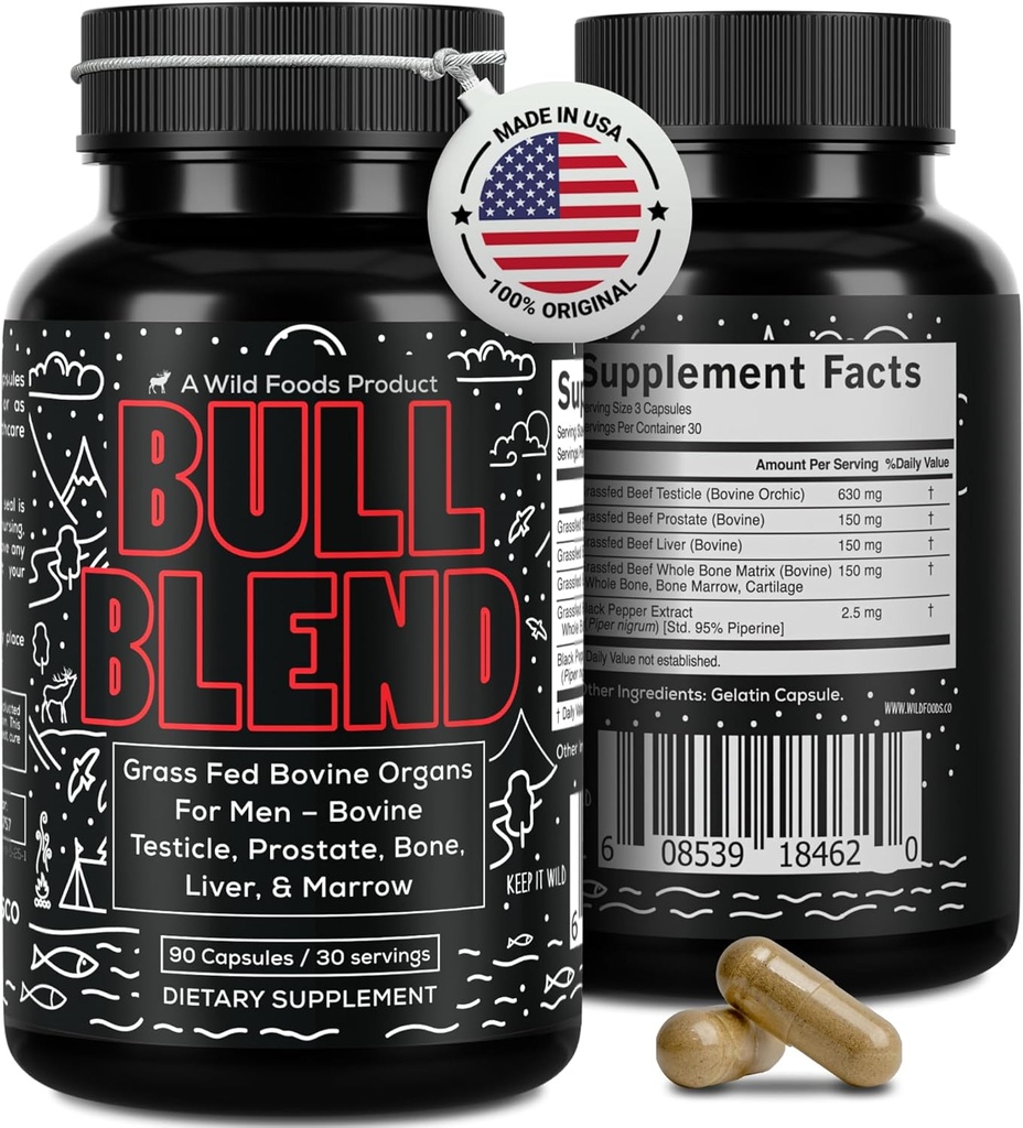 Wild Foods Mænd Vitality Formel - Grass- Fed Bovin Supplement & Beef Lever Kapsler med testikel, prostata, hele knoglerum 124; Primal og Carnivore Diet Godkendte 124; Organ Kød Kapsler (30- Day Supply)