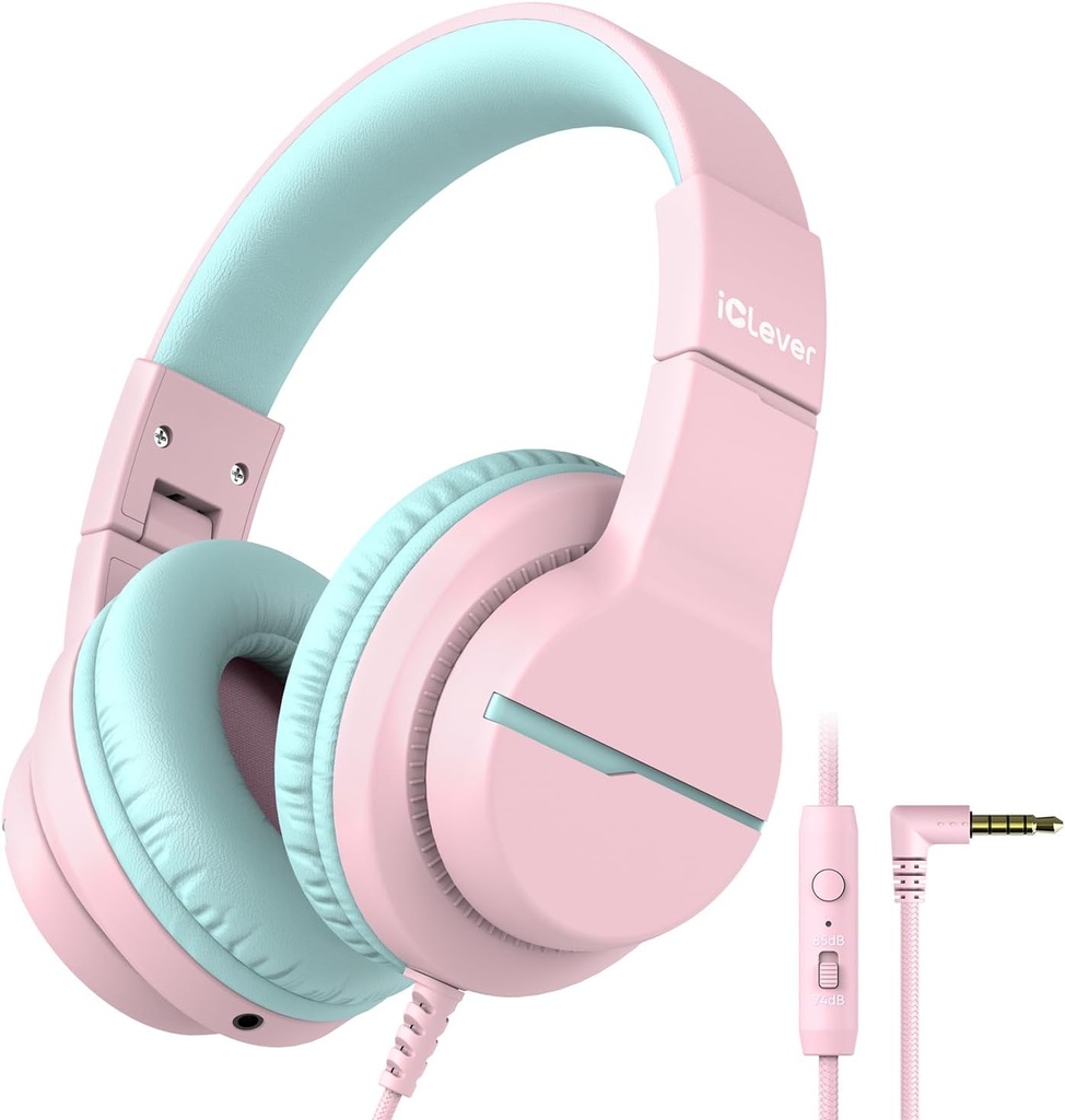 iClever HS19 Kids hovedtelefoner med mikrofon til skole, Safe Volume Limited, Over- Ear Girls Boys hovedtelefoner til børn med Shareport, Foldable Wired til iPad / Rejser (Pink)