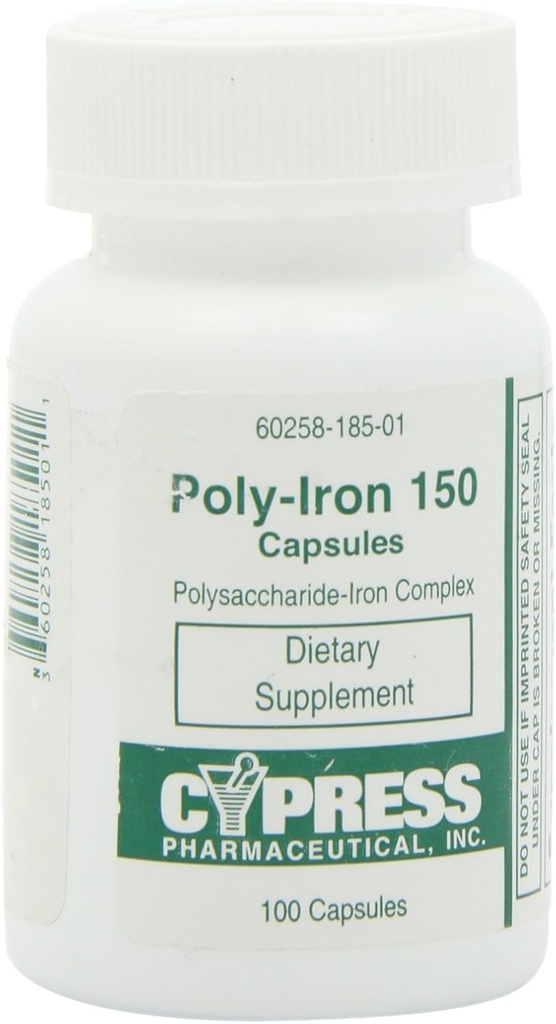 Kosttilskud - Poly jernkapsler 150 mg (100 kapsler pr. flaske) efter Cypress Pharmaceutical # 185- 01 (1 flaske med 100 kapsler)