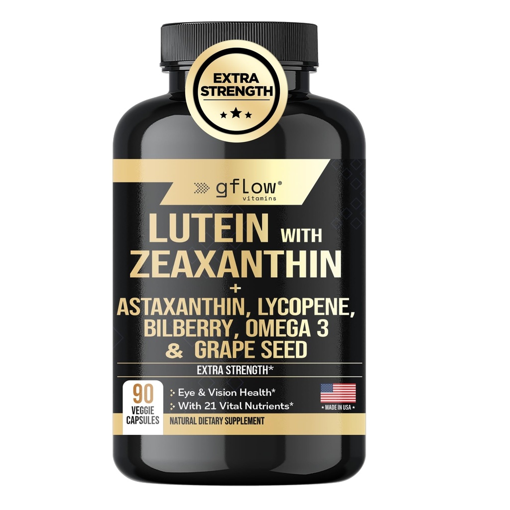 Lutein og Zeaxanthin Kosttilskud - Avancerede øjenvitaminer med Astaxanthin, Omega 3, Resveratrol, Bilberry, Lycopene, Quercetin, Ginkgo Biloba, D-vitamin 124; Health Vision 124; Lavet i USA