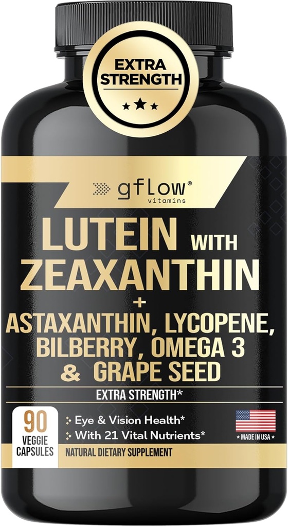 Lutein og Zeaxanthin Kosttilskud - Avancerede øjenvitaminer med Astaxanthin, Omega 3, Resveratrol, Bilberry, Lycopene, Quercetin, Ginkgo Biloba, D-vitamin 124; Health Vision 124; Lavet i USA