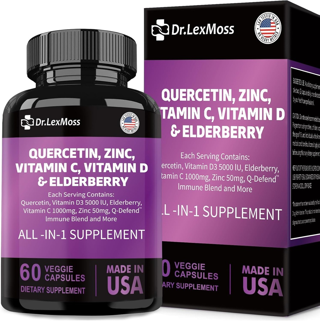60 Grev Quercetin 1000mg Zink 50mg vitamin C 1000mg vitamin D 5000IE immunsystem Support Supplement med Echinacea Ginger Bromelain Sea Moss Hvidløg Nettle Vegansk kapsler til mænd og kvinder, USA