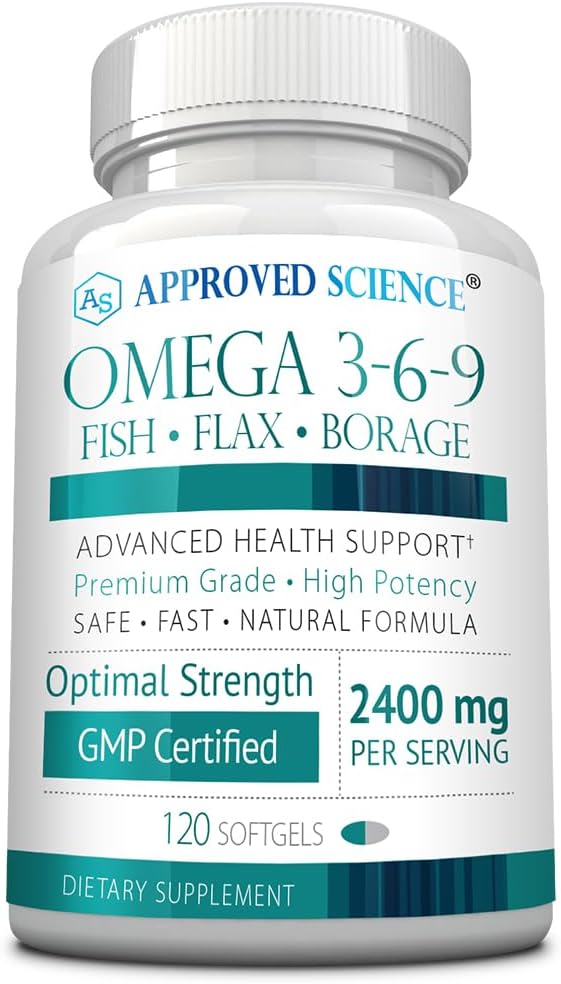 Godkendte Science Omega 3-6- 9- 2400mg Daily Blend of Fish, Flaxseed, and Borage Oliils with Vitamin E - Wellness Support - Non- GMO, Mercury- Free - 120 Softgels - 2 Month Supply