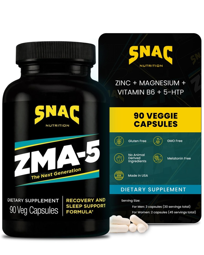 SNAC ZMA- 5 Sleep Support, Promote Muscle Recovery & Growth, Immunity Support, & Restorative Sleep with Zink, Magnesium & 5- HTP, Post Workout, Før Bed ZMA Kosttilskud 90 Veggie Kapsler