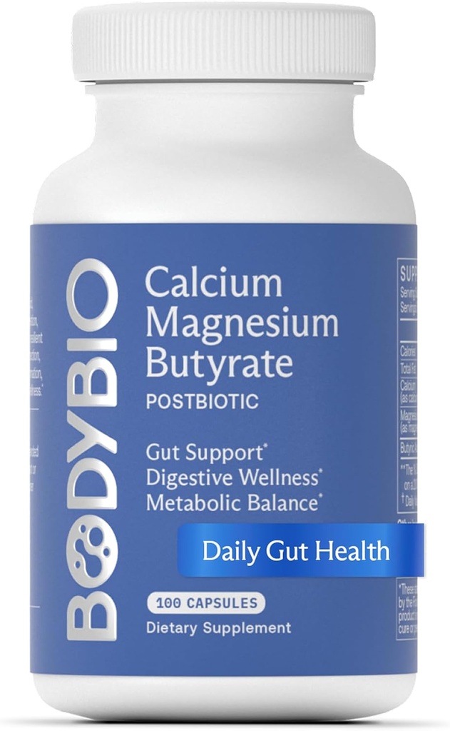 BodyBio Butyrate - Postbiotisk for Gut Health, fordøjelsesstøtte, Bloat, Gas & Forstoppelse Relief, Leaky Gut Reparation - Calcium, Magnesium + Butyric Acid Supplement for GI Wellness