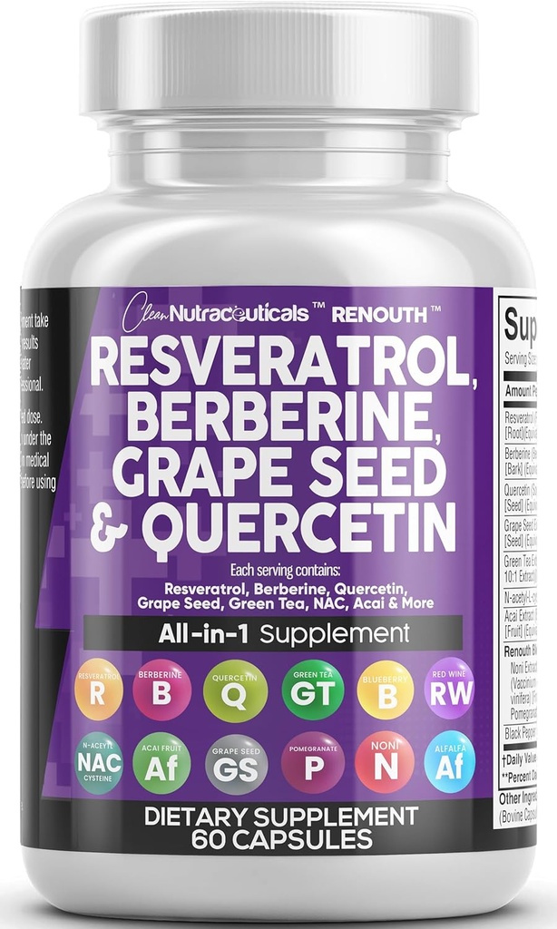 Clean Resveratrol Supplement D124; Berberine Grape Seed Extract Quercetin Green Tea Extract Acai Noni Polyphenol Supplement for kvinder & mænd Anti Aging N- Acetyl Cysteine NAD Booster