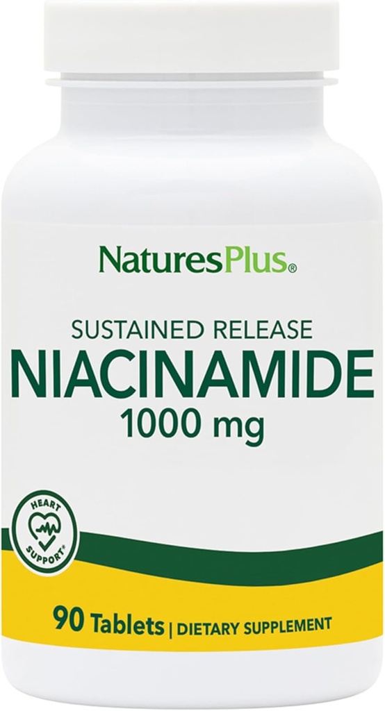 Natures Plus Niacinamid 1000 mg - 90 Vedvarende udgivelsestabletter, pakke af 2 - Understøtter immun- og hudsundhed, energiproduktion & hjernefunktion - Vegetarisk, Gluten Free - 180 Total Servering