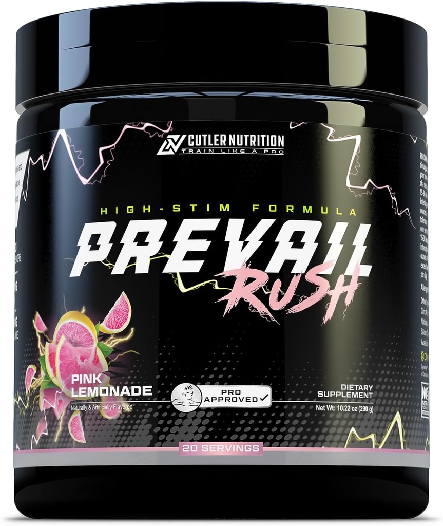 Cutler Nutrition High Stim Pre Workout Powder Prevail Rush Preworkout for Mænd & Kvinder for Intense Pumper Energi og fokus med koffein NO3T Betain og Dynamine Medic124; Pink Lemonade (20 Servere)
