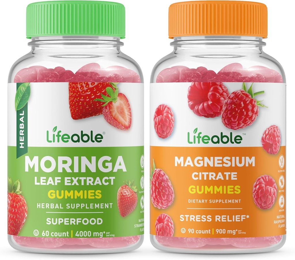 Lifeable Magnesium + Moringa Leaf, Gummies Bundle - Great Tasting, Vitamin Supplement, Gluten fri, GMO fri, Chewable Gummy