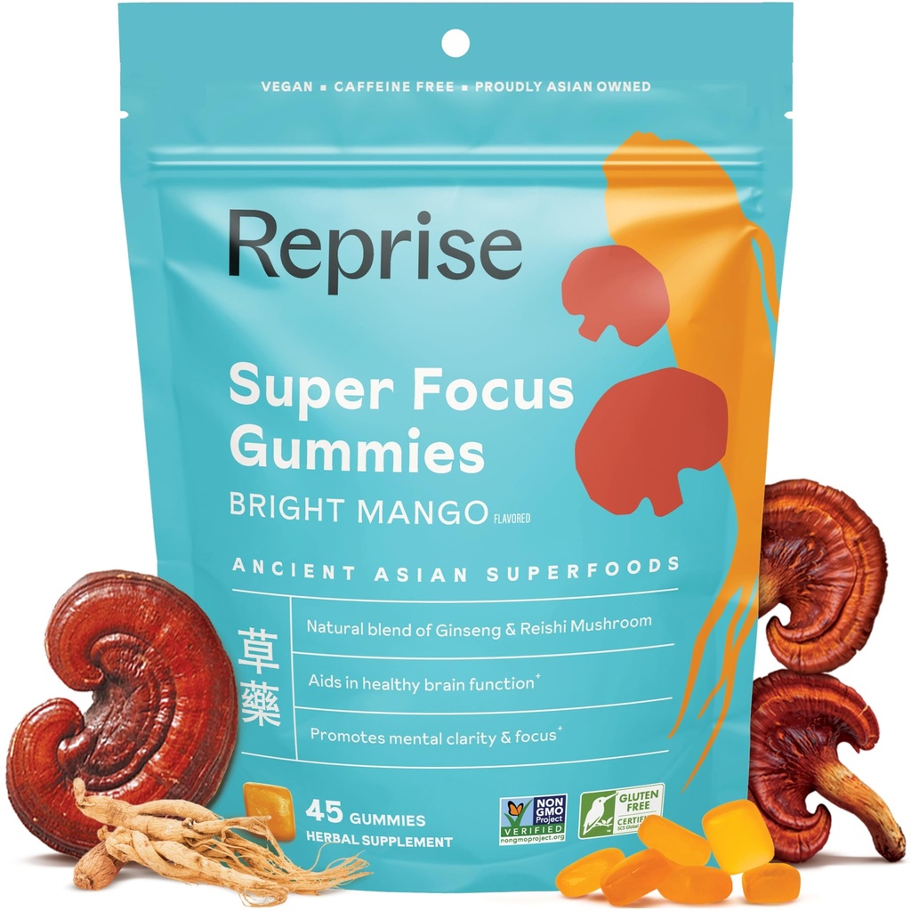 Fokus Gummier for voksne er 124; Amerikansk & Koreansk Ginseng med Reishi Mushroom ekstrakter er 124; Alle naturlige Gummier for Focus, Mood, og energi er 124; Mango Flavored er 124; 45 Tæl