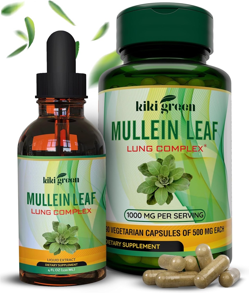 KIKI Green Mullein Capsules & Liquid Drops Bundle - Mullein Leaf Extract Supplements, 90 Capsules + 2 fl oz - for Respiratory & Immunity Support, Bedre Lung Funktion, Lung Cleanse & Relief