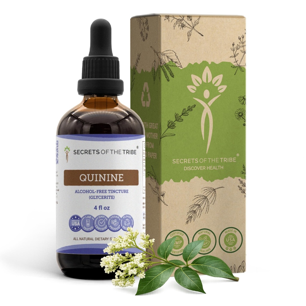 Secrets of the Tribe Quinine Alcohol- Free Tincture (Glycerite) 680 mg Wildcrafted Quinine (Cinchona officinalis) Tørret Bark (4 Fl Oz) Leg Cramp Support Supplement