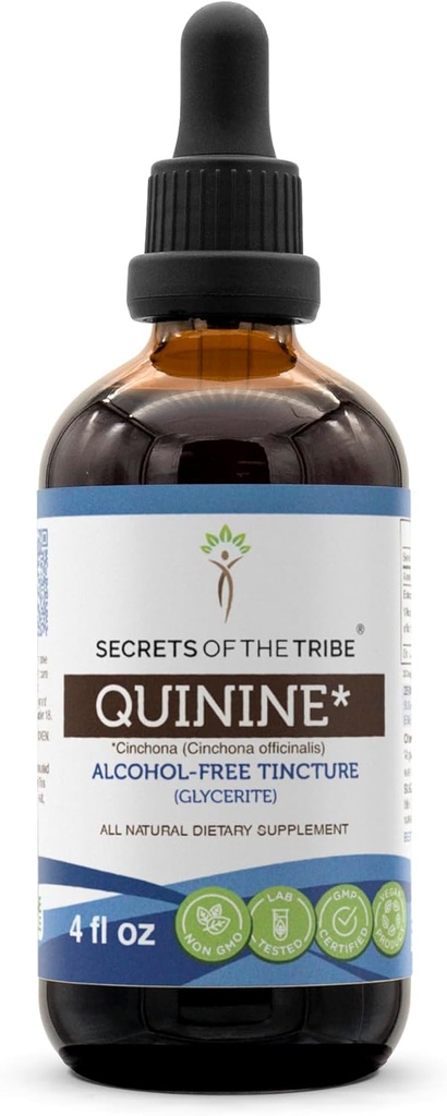 Secrets of the Tribe Quinine Alcohol- Free Tincture (Glycerite) 680 mg Wildcrafted Quinine (Cinchona officinalis) Tørret Bark (4 Fl Oz) Leg Cramp Support Supplement