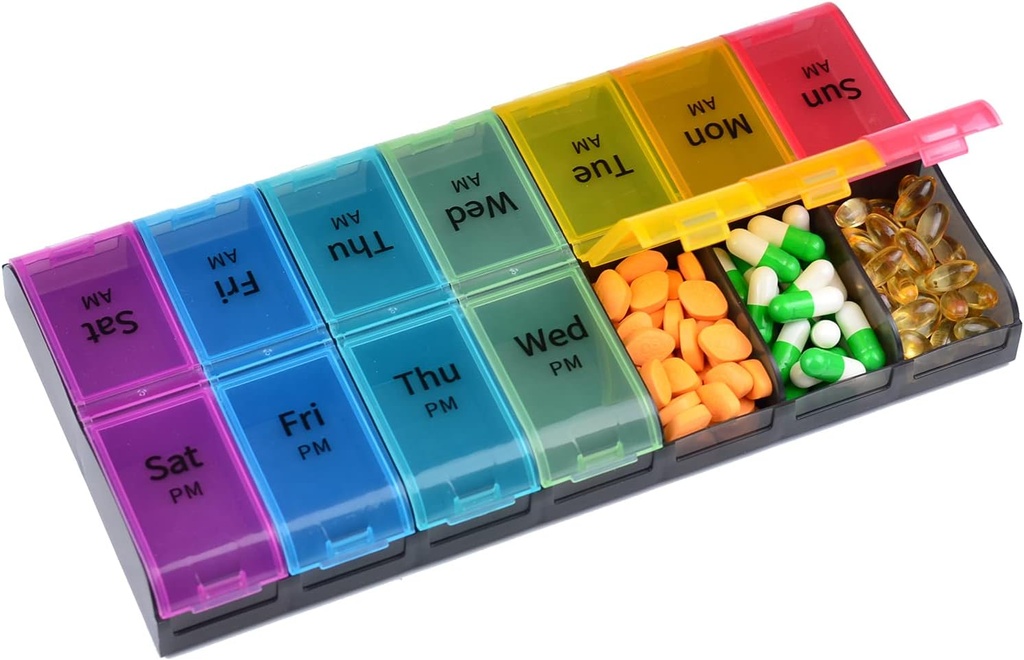 Stor kapacitet Weekly Pill Organizer, 7 Dag 2 gange en dag Store kompartmenter Pill Cases, AM / PM BPA- Free Pill Box Design for Vitaminer Fish Oil Kosttilskud Gigt Friendly (Rainbow)