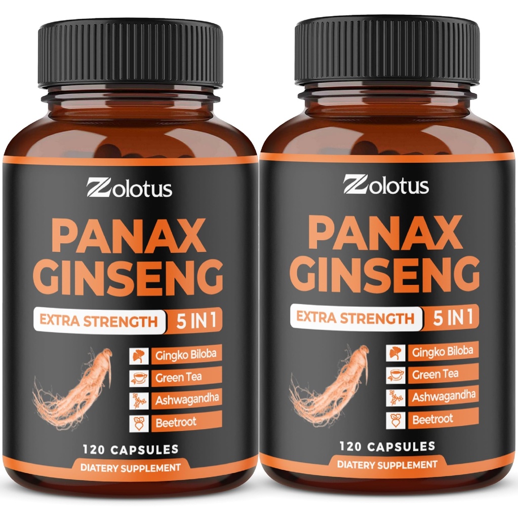 Zolotus Koreansk Rød Panax Ginseng + Ginkgo Biloba, Ashwagandha, Beetroot, Green Tea - 120 Kapsler (Pack of 2)