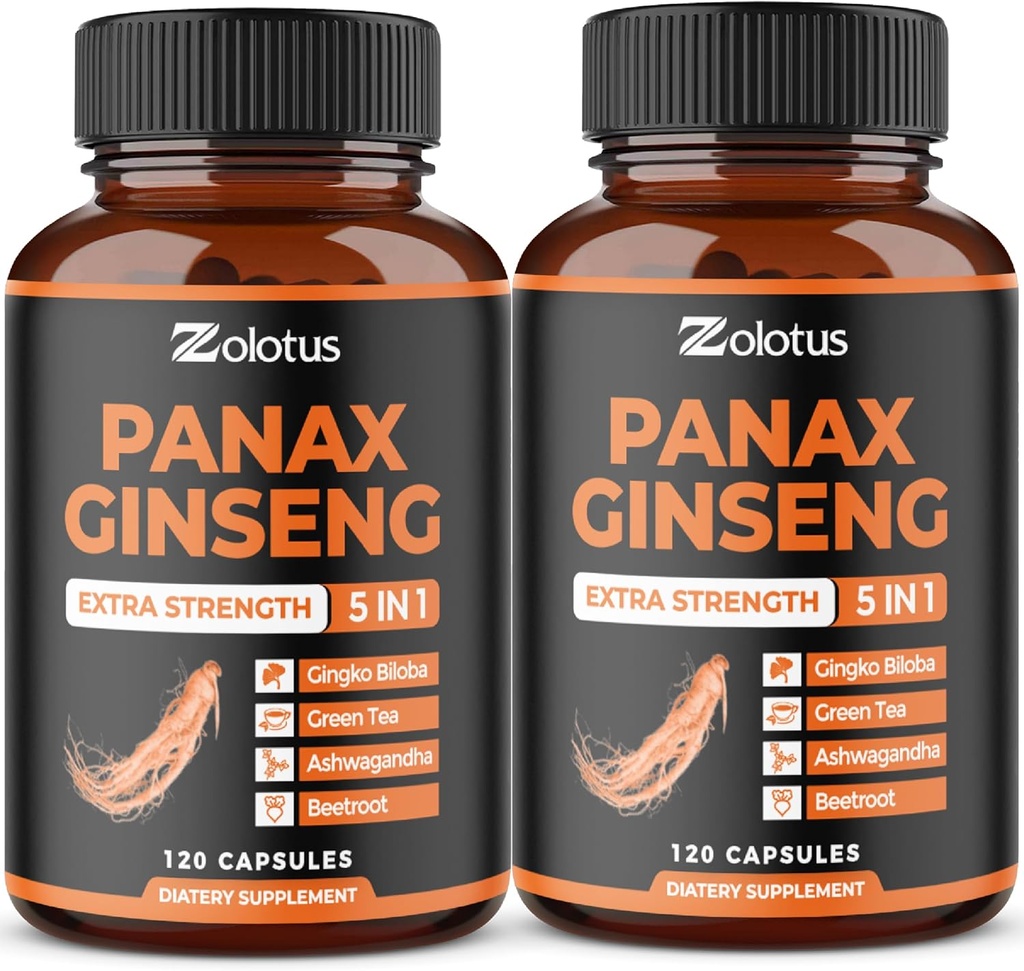 Zolotus Koreansk Rød Panax Ginseng + Ginkgo Biloba, Ashwagandha, Beetroot, Green Tea - 120 Kapsler (Pack of 2)