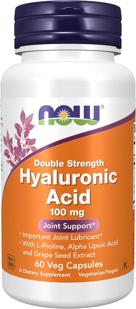 Now Foods Supplements, Hyaluronsyre 100 mg, Double Strength with L- Proline, Alpha Lipoic Acid and Grape Seed Extract, 60 Veg Kapsler
