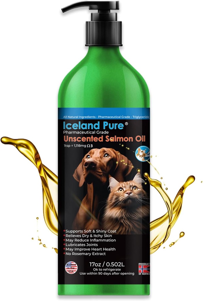 Iceland Pure Salmon Oil Medical Grade 124; Undufted Pharmaceutical Grade 124; 1118 mg Omega-3 per teske Medical 124; Flydende kosttilskud til hunde og katte Medical 124; BPA- Free Brushed Aluminium Epoxy belagt flaske med pumpe 17oz