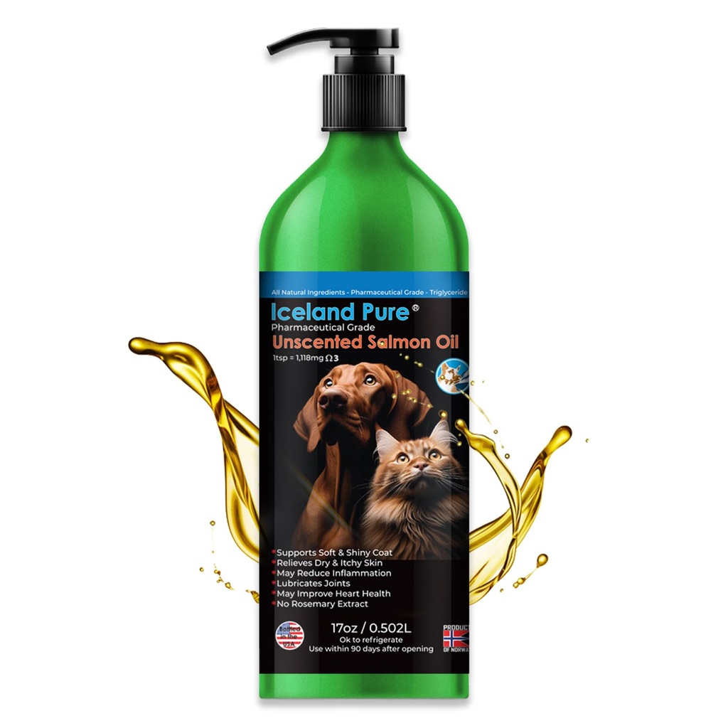 Iceland Pure Salmon Oil Medical Grade 124; Undufted Pharmaceutical Grade 124; 1118 mg Omega-3 per teske Medical 124; Flydende kosttilskud til hunde og katte Medical 124; BPA- Free Brushed Aluminium Epoxy belagt flaske med pumpe 17oz