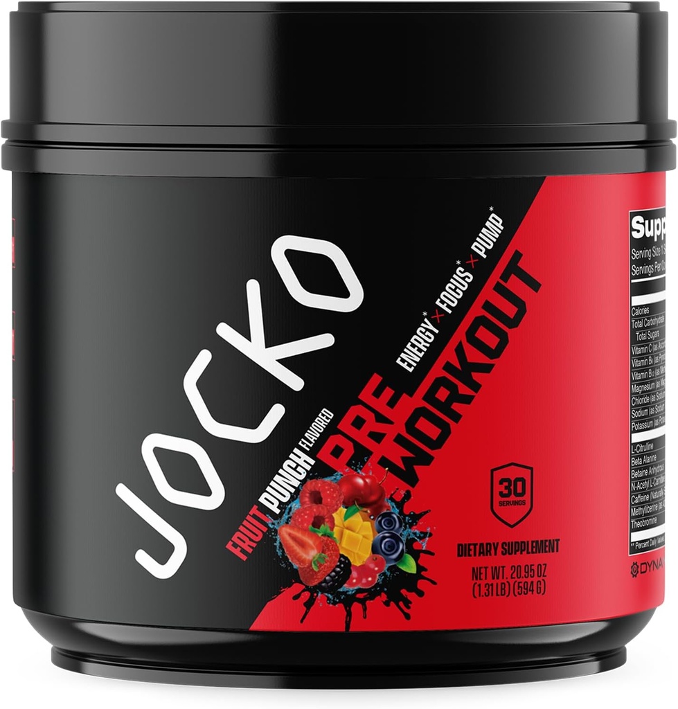 Jocko Fuel Pre Workout for Men & Women - High Stim Low Sugar Blend with Beta Alanine + L-Citrulline, Support Muscle Pump, Energy, & Recovery, 200mg of Caffeine Fruit Punch, 30 Servings 1.31lbs (594 G)