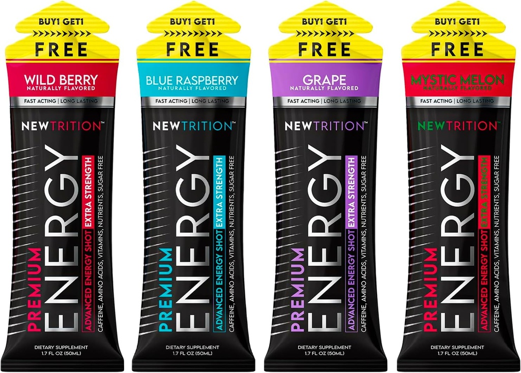 NewTrition ® Extra Strength Energy Shots, 250 mg koffein Energy with Vitamin B & Aminosyrer, Sugar- Free Vitamin Energy Shot, Zero Calorie Focus & Stamina Booster, 1.7 fl oz (pakke med 4, 4 Flavors- Mixed-1)
